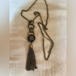 Antiqued Gold Tone‎ Necklace w/ Long Jeweled Tassel Necklace